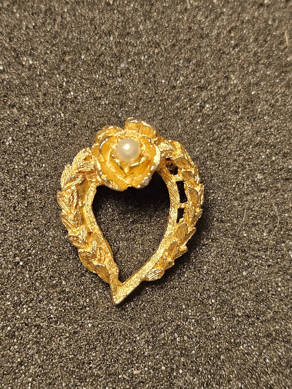 Vintage Gold Floral Heart Brooch with Pearl And Virgin Mary Figure On Back.